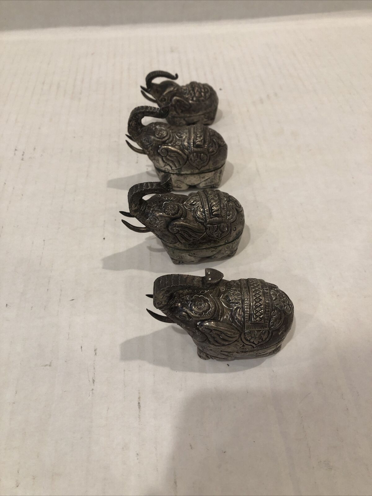 4 Vintage Asian Ornate Silver Figural Elephant Betel Nut Boxes