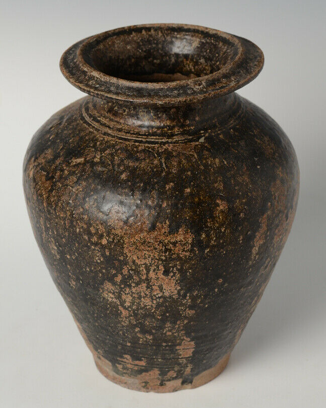 12th - 13th Century, Bayon, Antique Khmer Dark-brown Glazed Pottery Vase